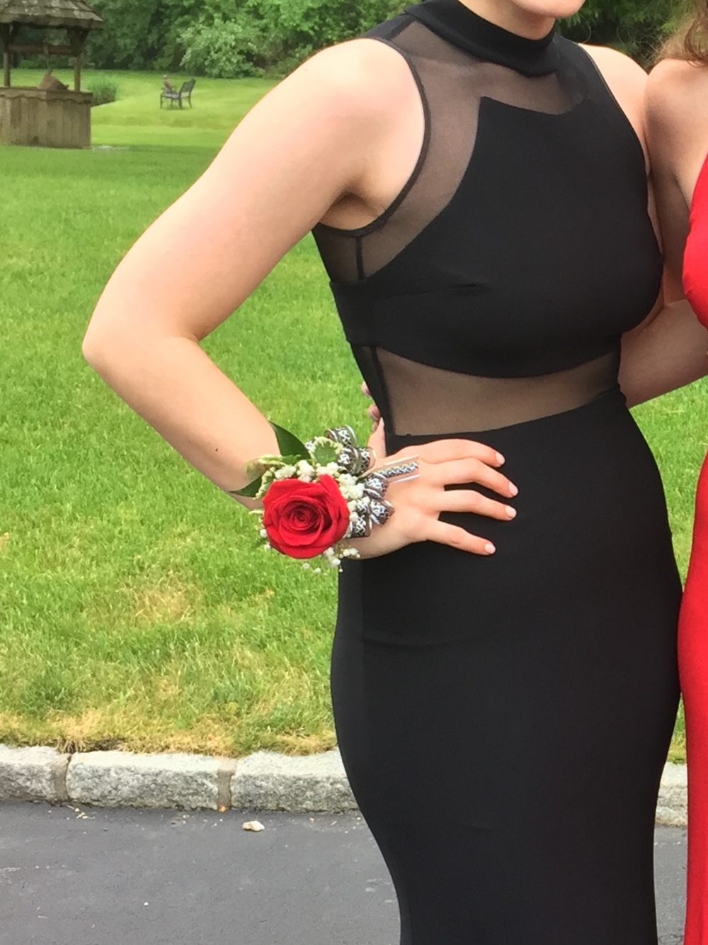 Betsy & Adam Black Sleeveless Mesh-Inset Prom Dress